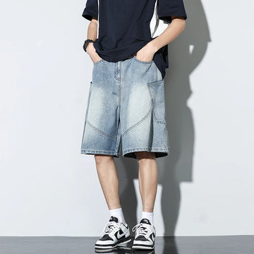 Riolio Summer New Baggy Denim Shorts Fashion Casual Straight Harajuku Jeans Male Vintage Wash Drawstring Short Pants Streetwear